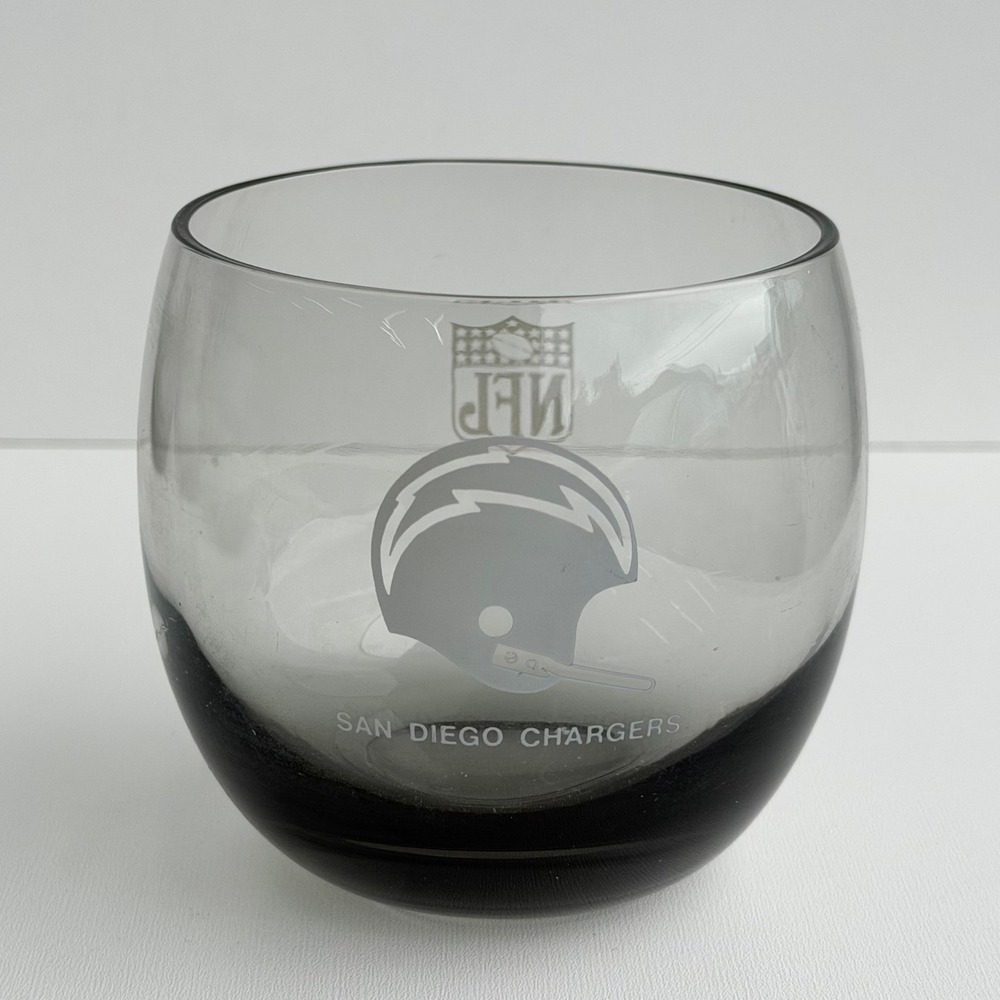 Vintage San Diego Chargers NFL Lowball Whisky Glass Smoked Grey Man Cave Retro